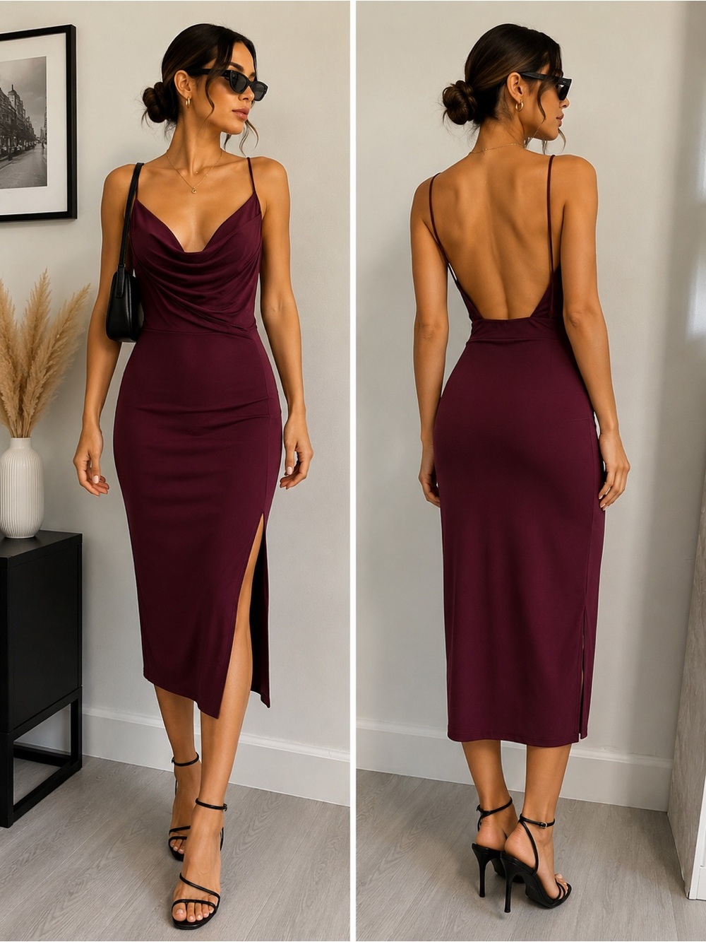 Burgundy Satin Cowl Neck Midi Dress ✨